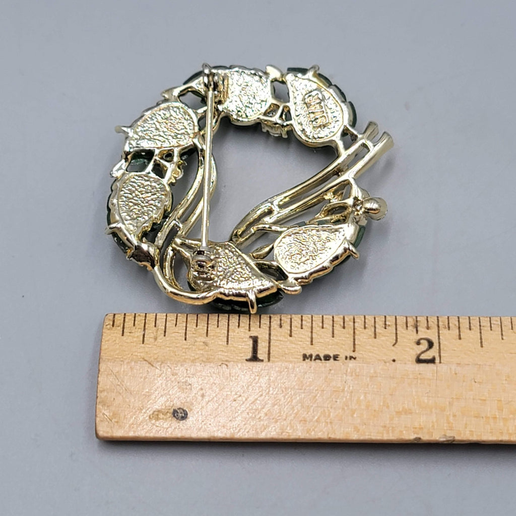 Vintage Molded Green Leaf Wreath Brooch AB Rhinestones Gold tone 1.75 in