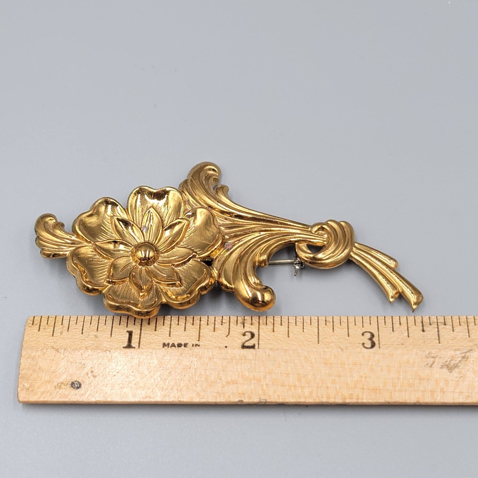 Vintage Flower Brooch Embossed Gold Tone Metal 3 3/8""