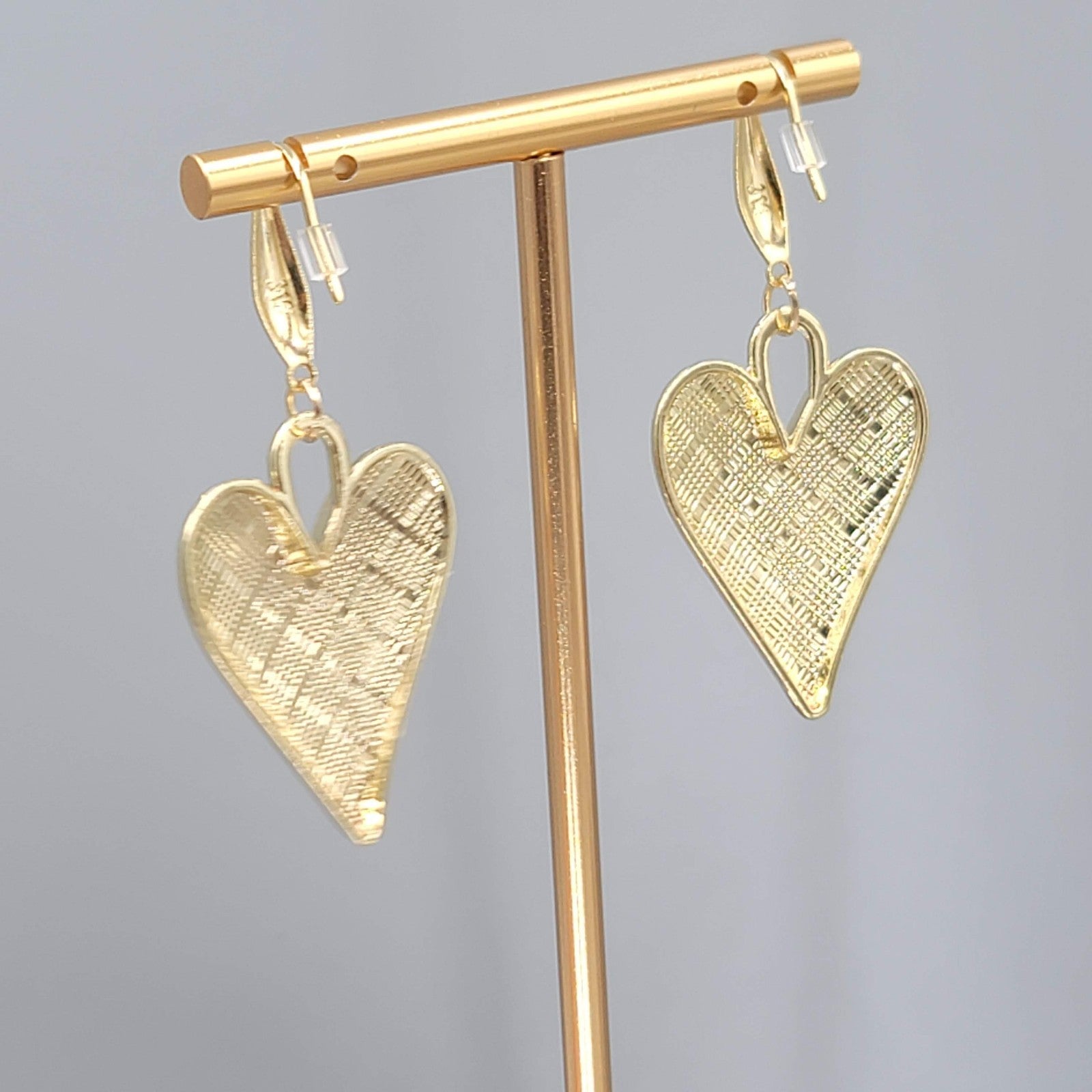 Brown Enamel Checkered Heart Pierced Earrings Gold tone Dangle Large 1.5"