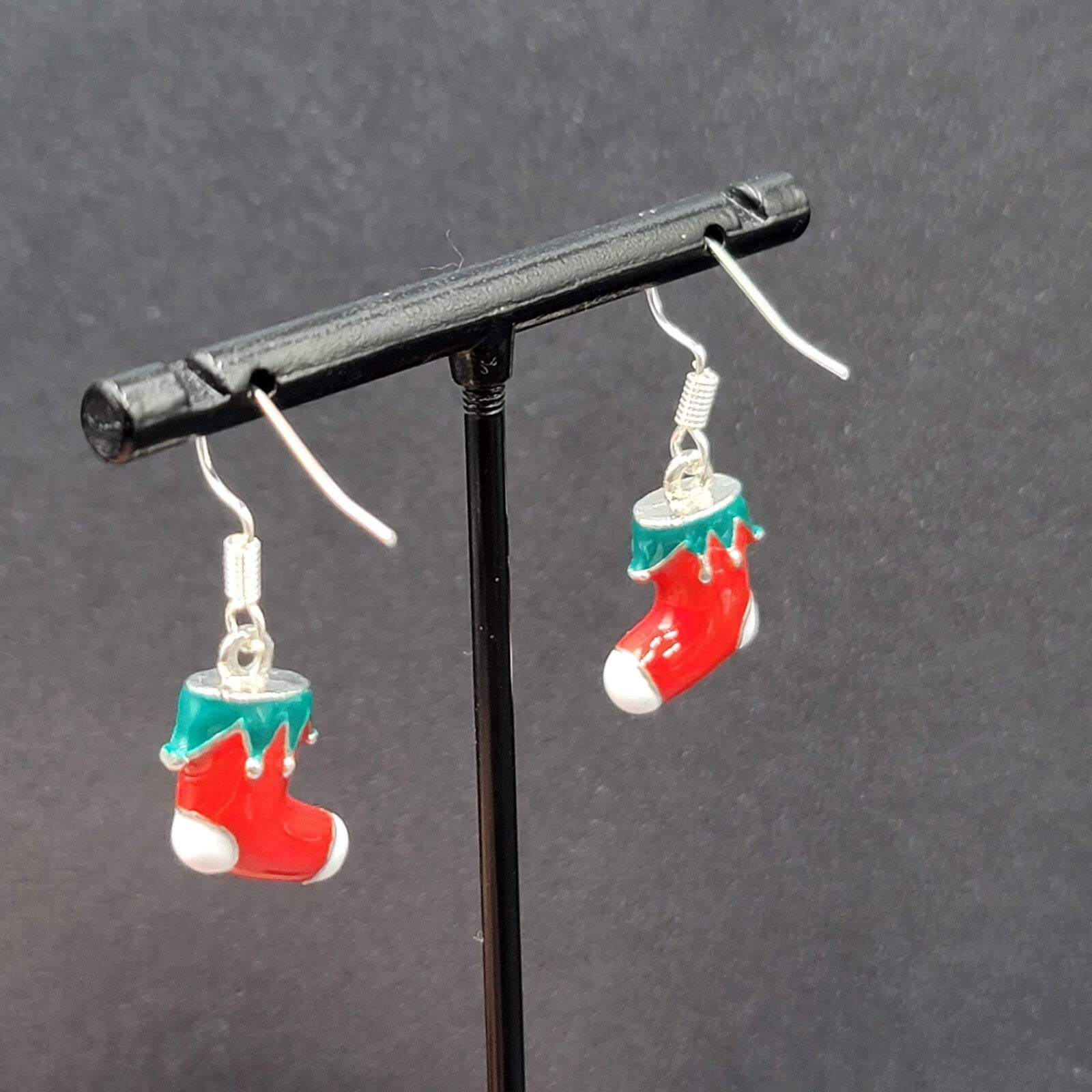 Christmas Pierced Earrings Silver tone Enamel Stockings Solid 5/8"