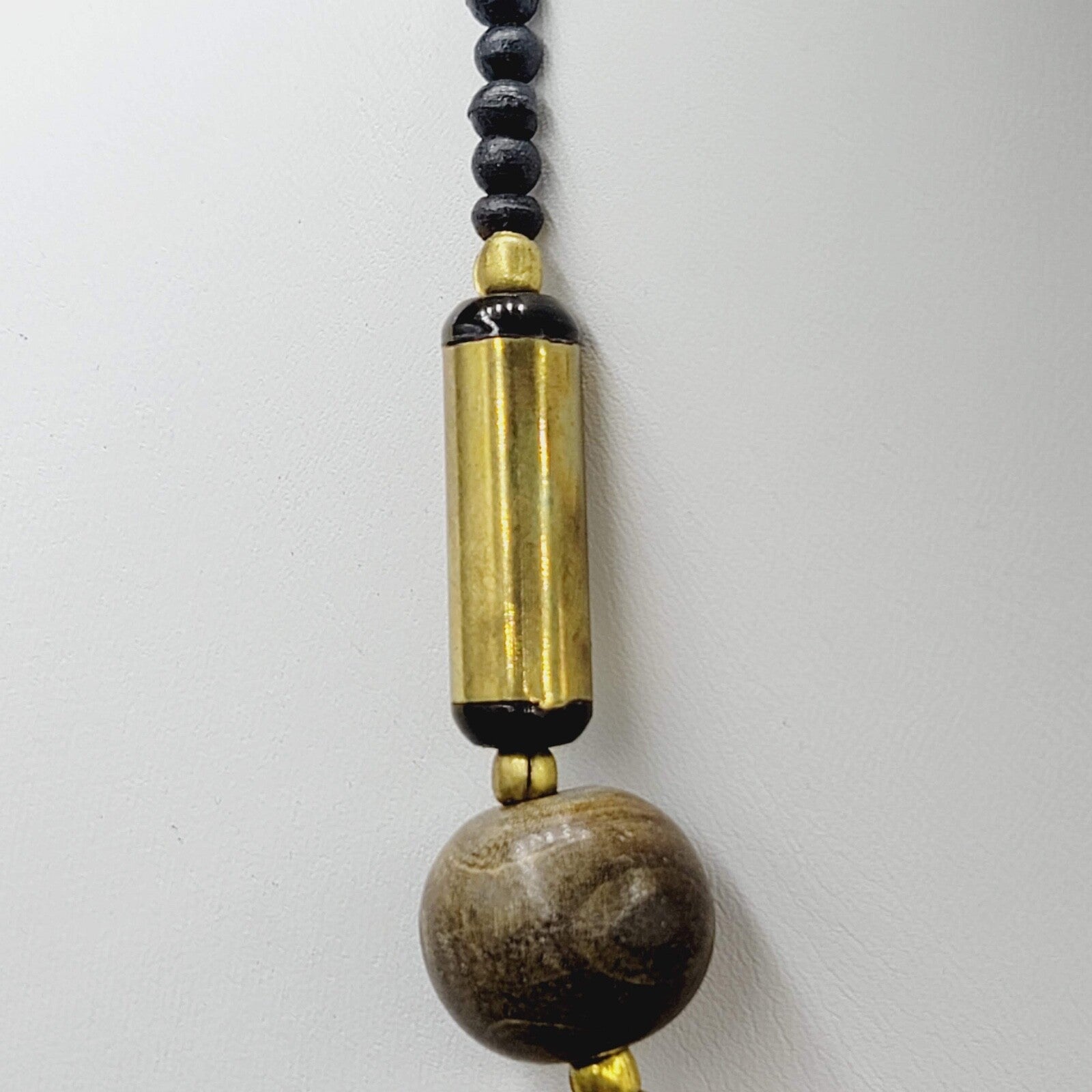Safari TURTLE Carved Wood Beaded Brass Necklace Vintage 21"