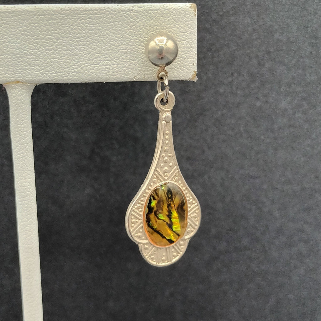 Vintage Pierced Earrings Silver tone Faux Abalone Dangle 1.75"