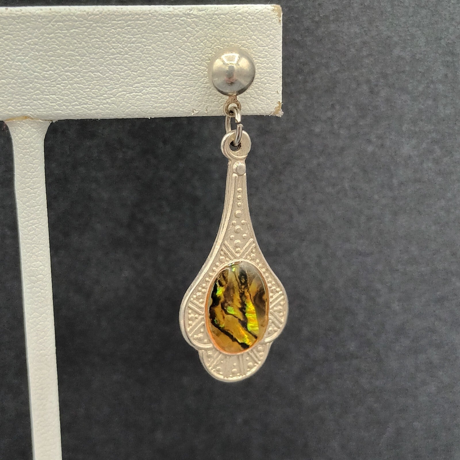 Vintage Pierced Earrings Silver tone Faux Abalone Dangle 1.75"
