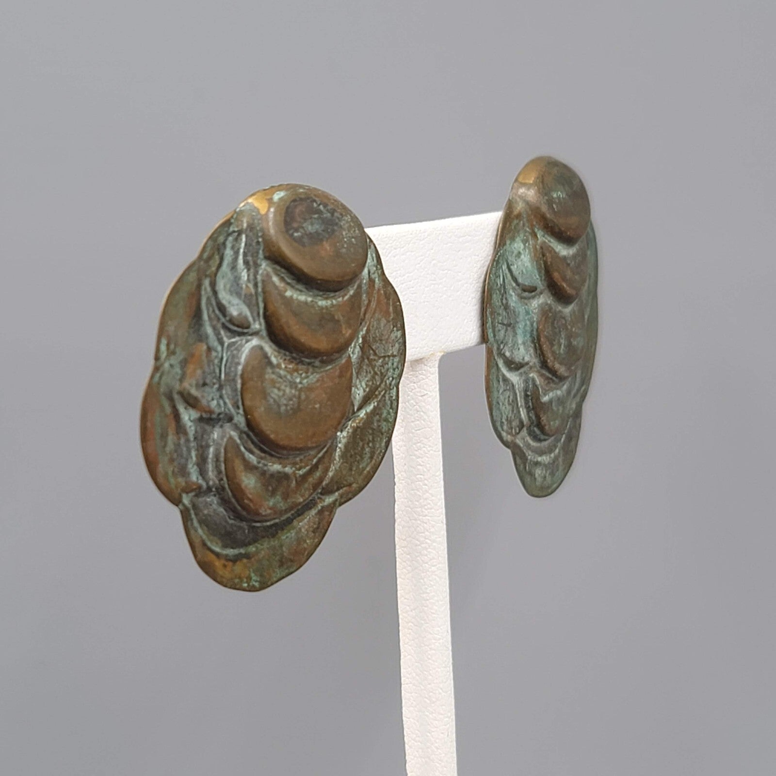 Vintage Artisan Pierced Earrings Patina Embossed Metal Large Statement 1.5"