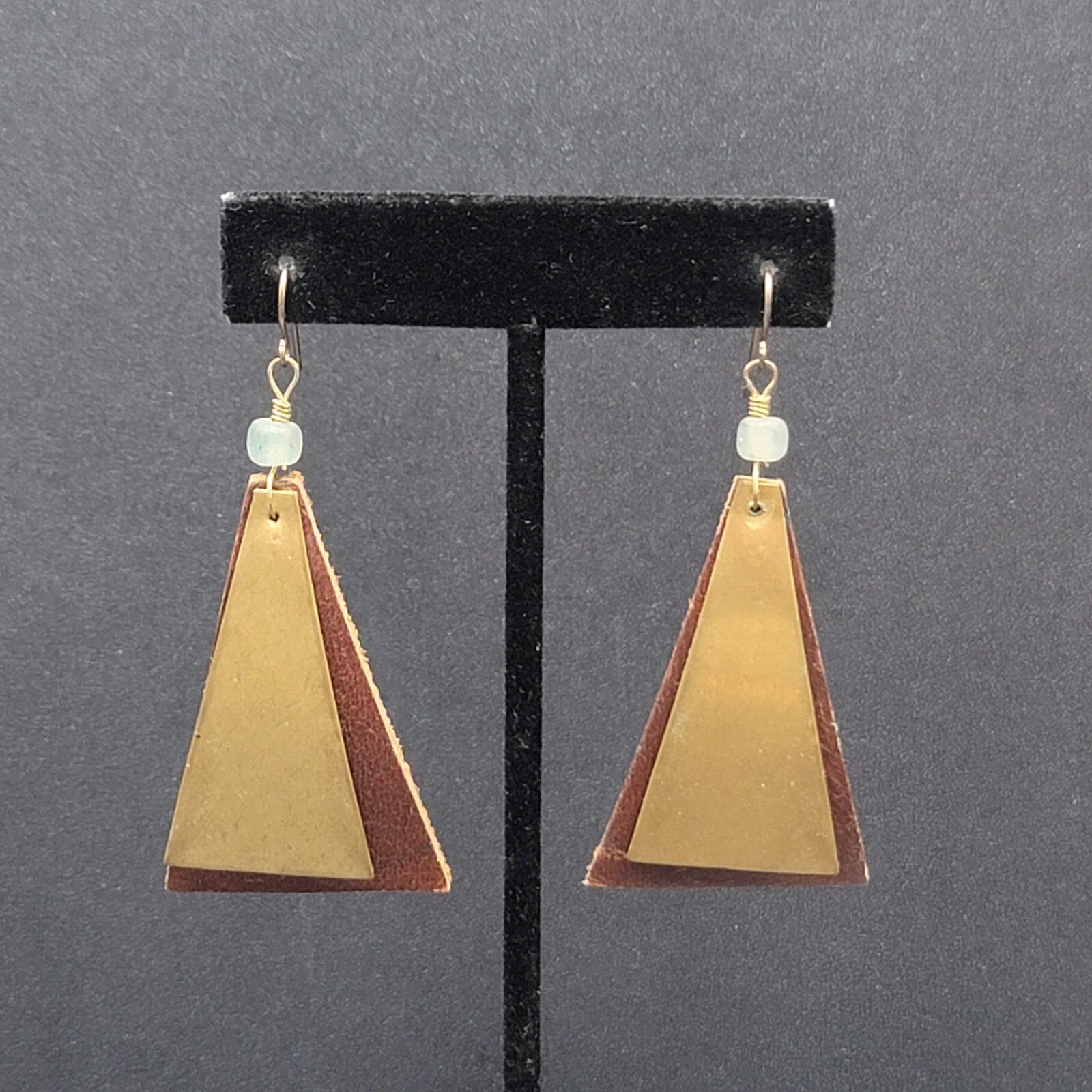 Vintage Artisan Pierced Earrings Leather And Brass Triangle Dangle  2.5"