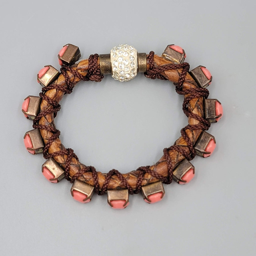 Statement Boho Bracelet Faux Leather Pink Rhinestones Magnetic Rhinestone Closur