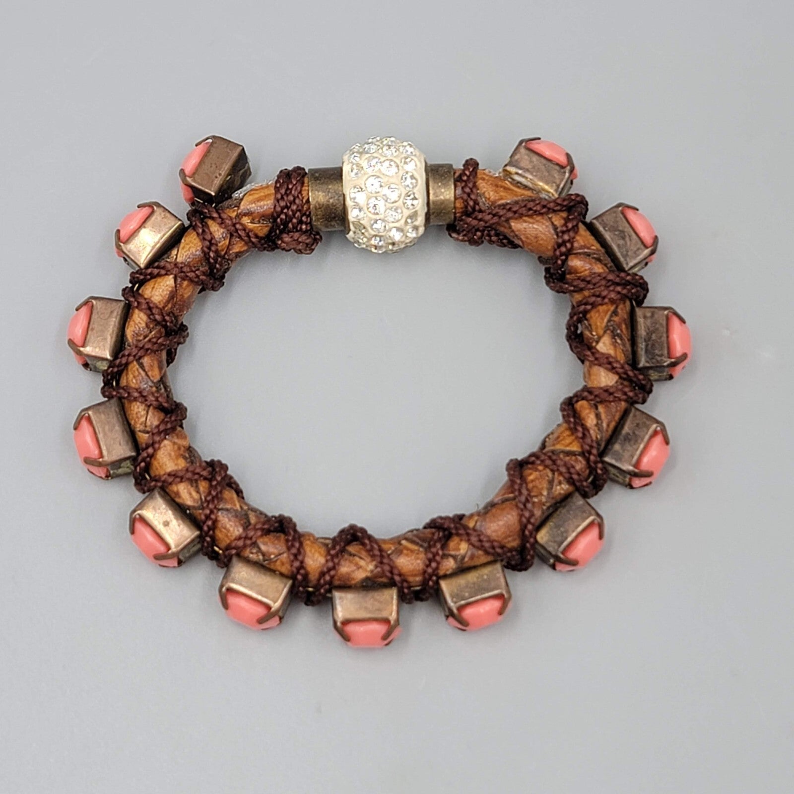 Statement Boho Bracelet Faux Leather Pink Rhinestones Magnetic Rhinestone Closur