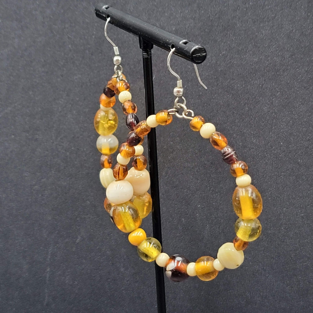 Pierced Earrings Silver tone Brown Glass Bead Hoops 2"