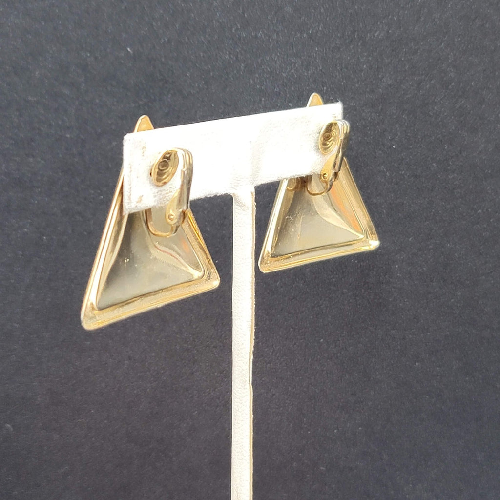Vintage Clip on Earrings Black Gold Enamel Triangle Large Statement 1 3/8"