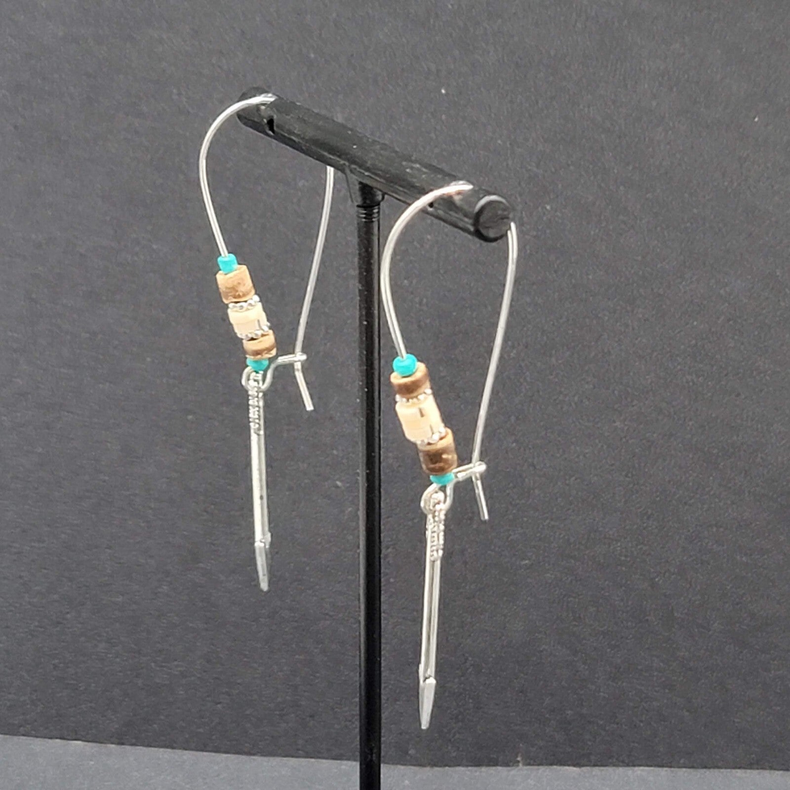 Pierced Earrings Silver tone Beaded Feather Dangle 2.5"