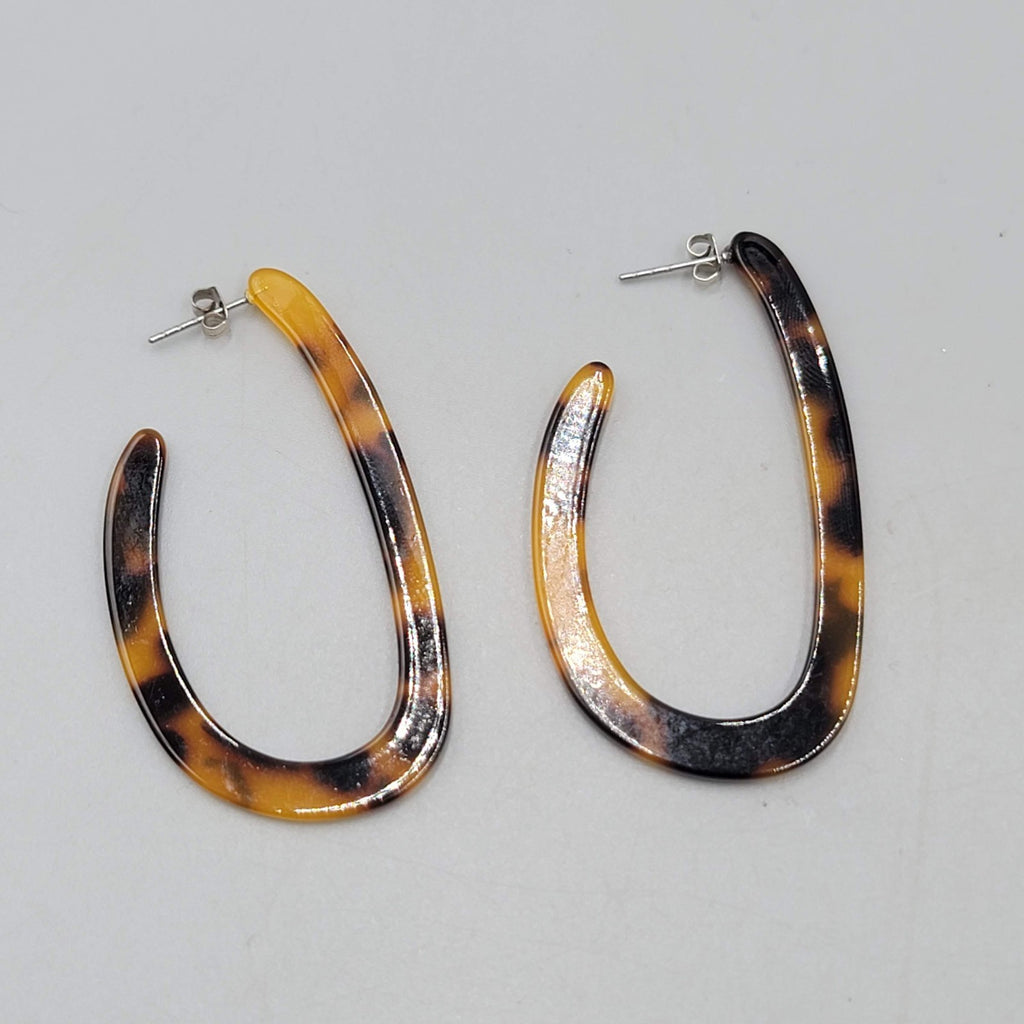 Acrylic Faux Tortoise Shell Hoops Pierced Earrings Oval Long 2 1/8 in