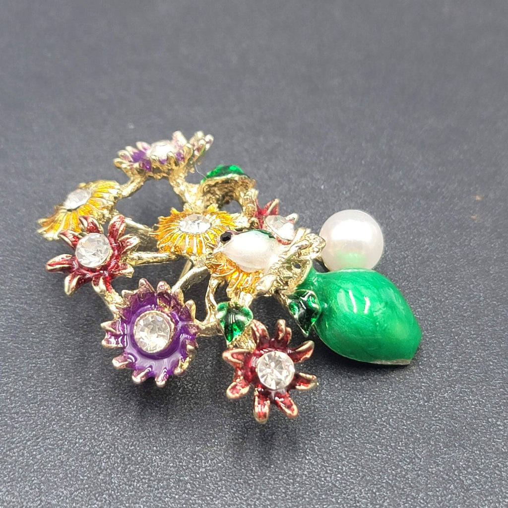 Crystal Rhinestone Flower Bouquet Brooch Pendant Green Enamel Multicolor 2.25"