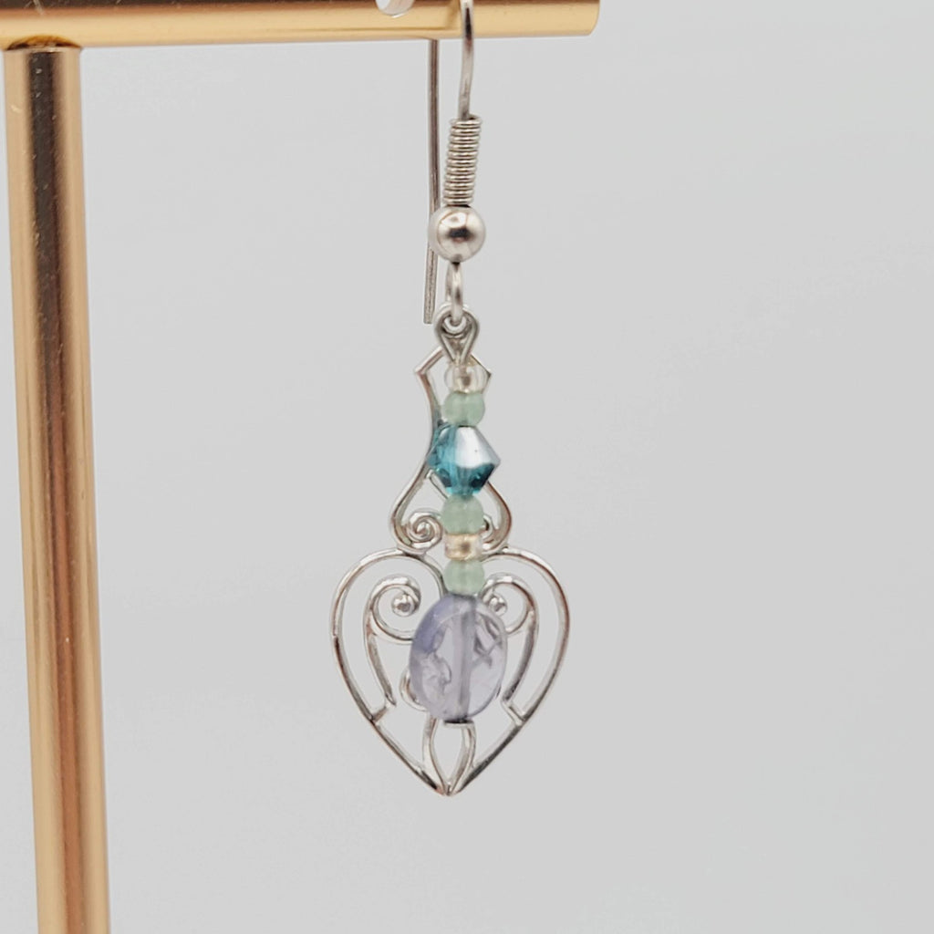 Lavalier Pierced Earrings Purple Blue Beads Silver tone Dangle 1.25 in