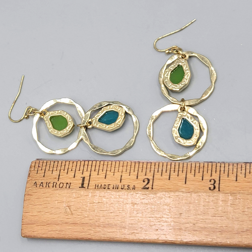 Double Ring Green Blue Pierced Earrings Gold tone Dangle 2 in