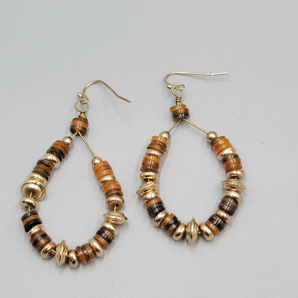 Beaded Teardrop Hoops Pierced Earrings Gold tone Dangle 2"