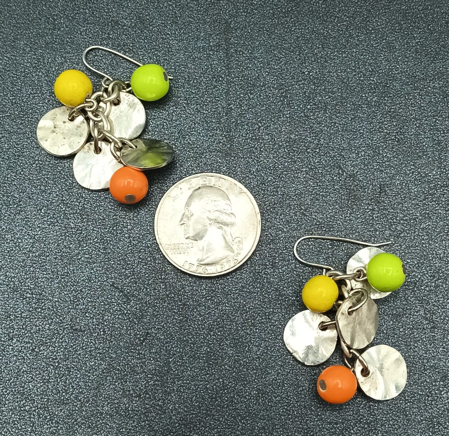 Pierced Earrings Silver tone Chain Hammer Disk Multicolor Bead Dangle 1 3/8"
