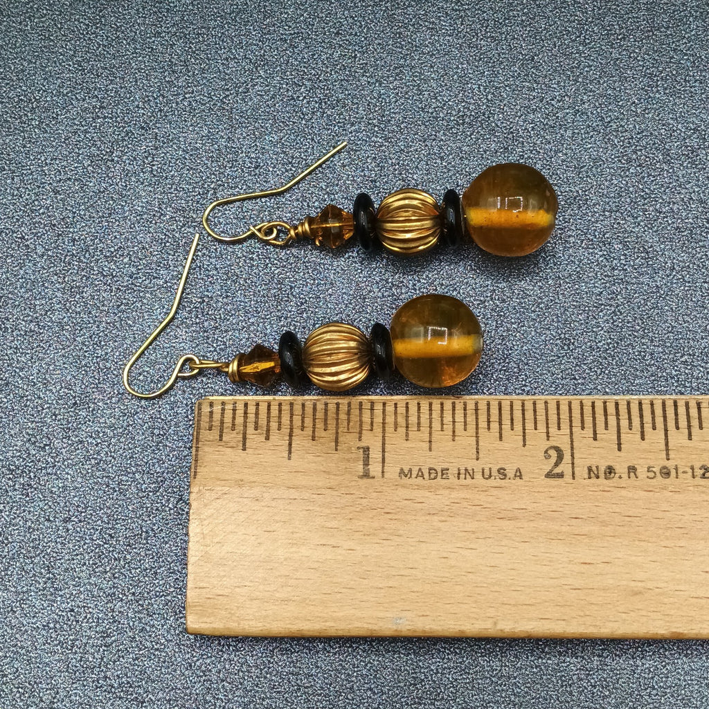 Pierced Earrings Gold tone Orange Black Beaded Statement Dangle 1.5"