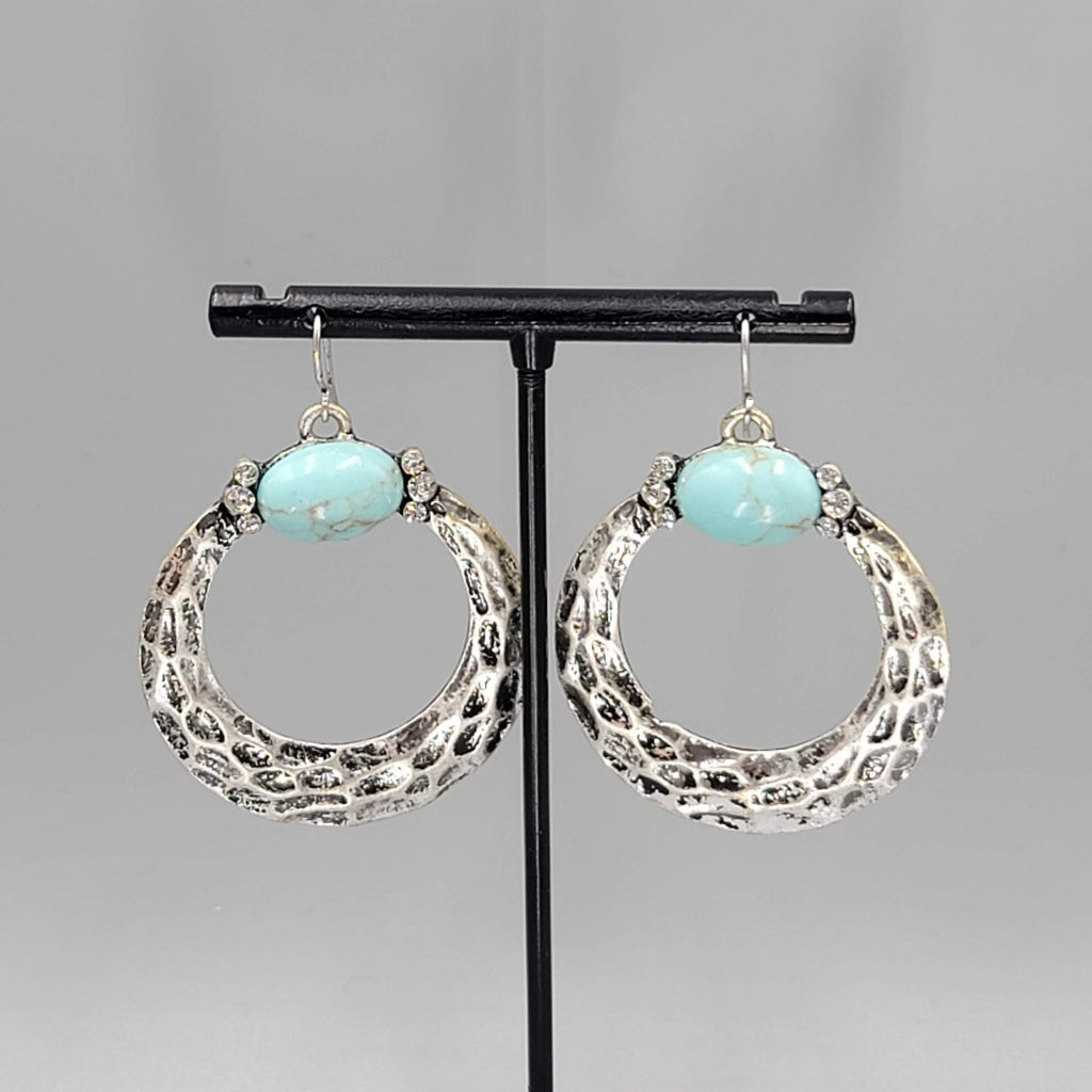 Boho Silver tone Pierced Earrings Oxidized Blue Accent Dangle 1.75"