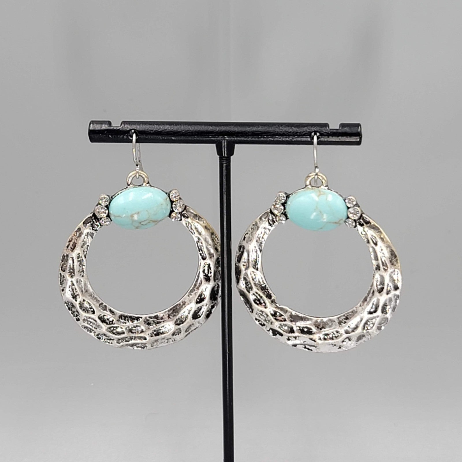 Boho Silver tone Pierced Earrings Oxidized Blue Accent Dangle 1.75"