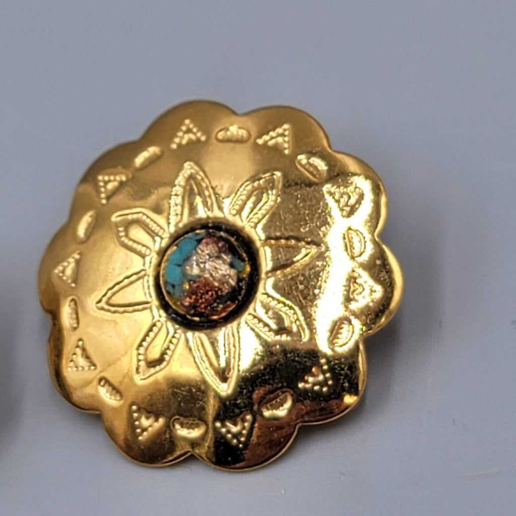 Vintage Southwest Concho Pierced Earrings Gold tone Foil Center Drop 1 1/8"