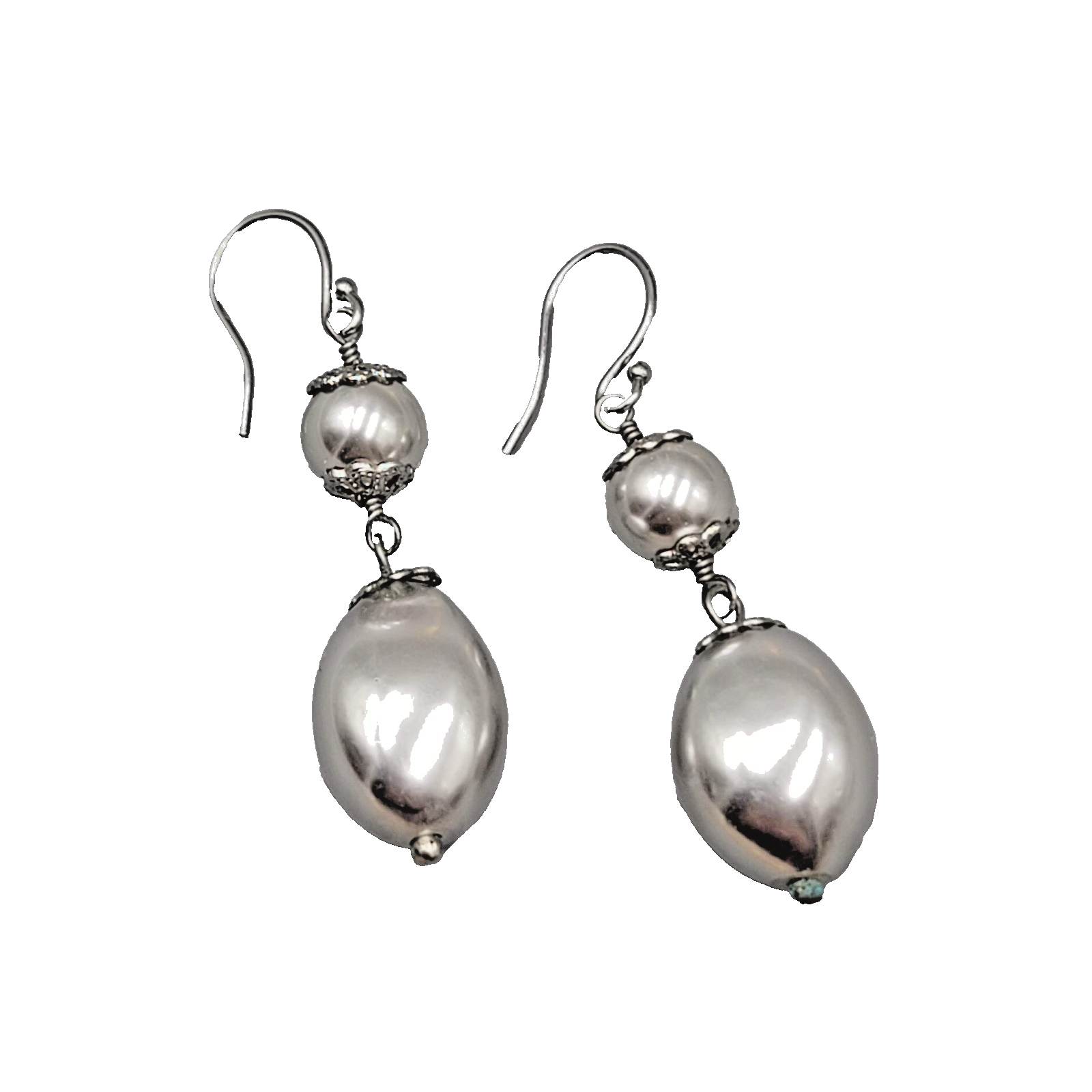Satin Silver tone Filigree Cap Bead Pierced Earrings Dangle 1.5 in
