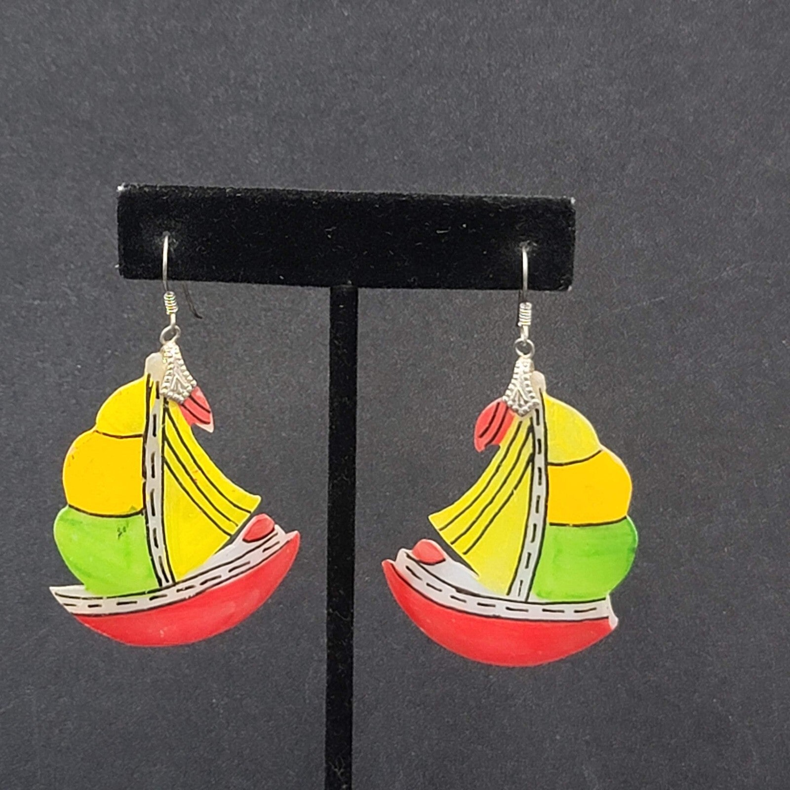 Vintage Sailboat Pierced Earrings Hand Painted Mother of Pearl Carved Shell 2"