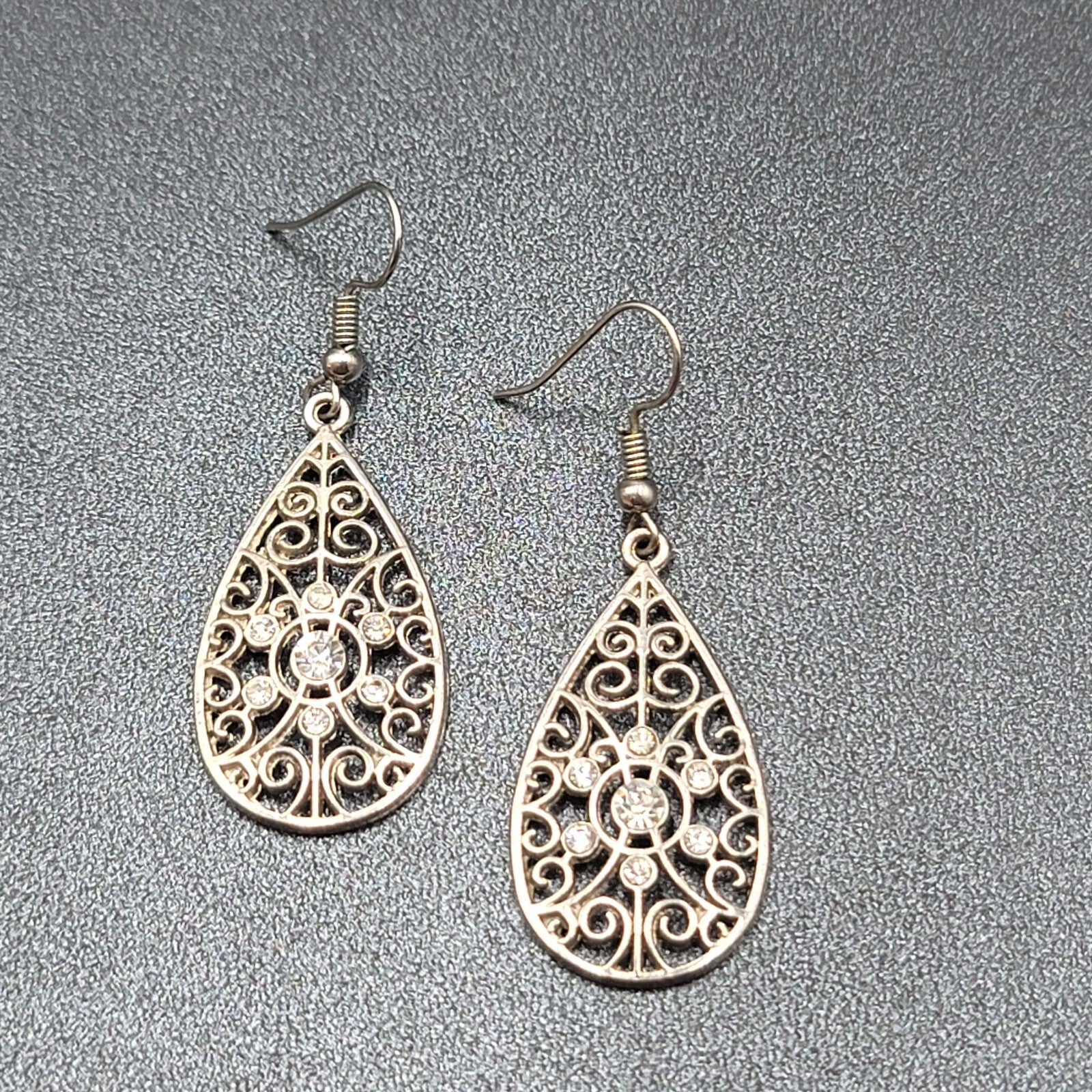 Pierced Earrings Silver tone Rhinestone Open Work Teardrop Dangle 1.25"