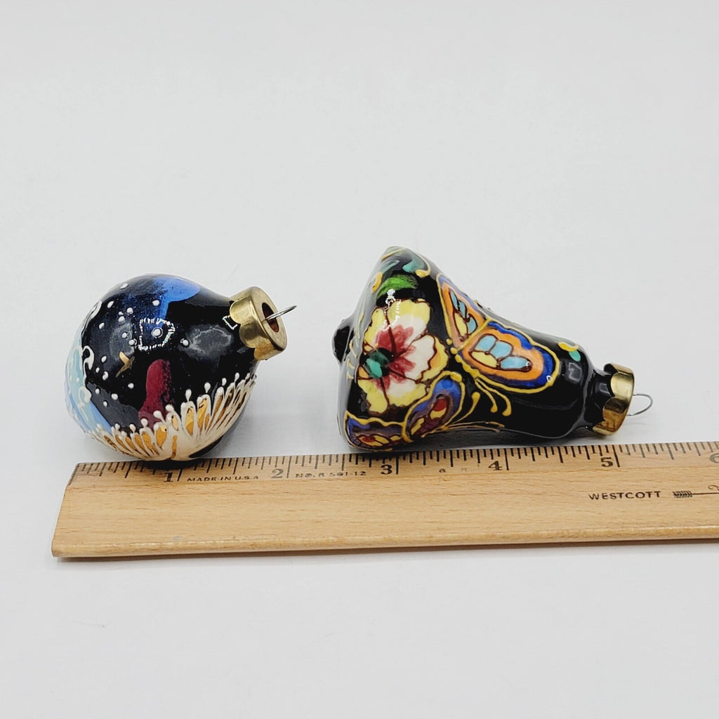 Hand Painted Christmas Ornament Uzbekistan Ceramic Butterflies Birds Lot of 2