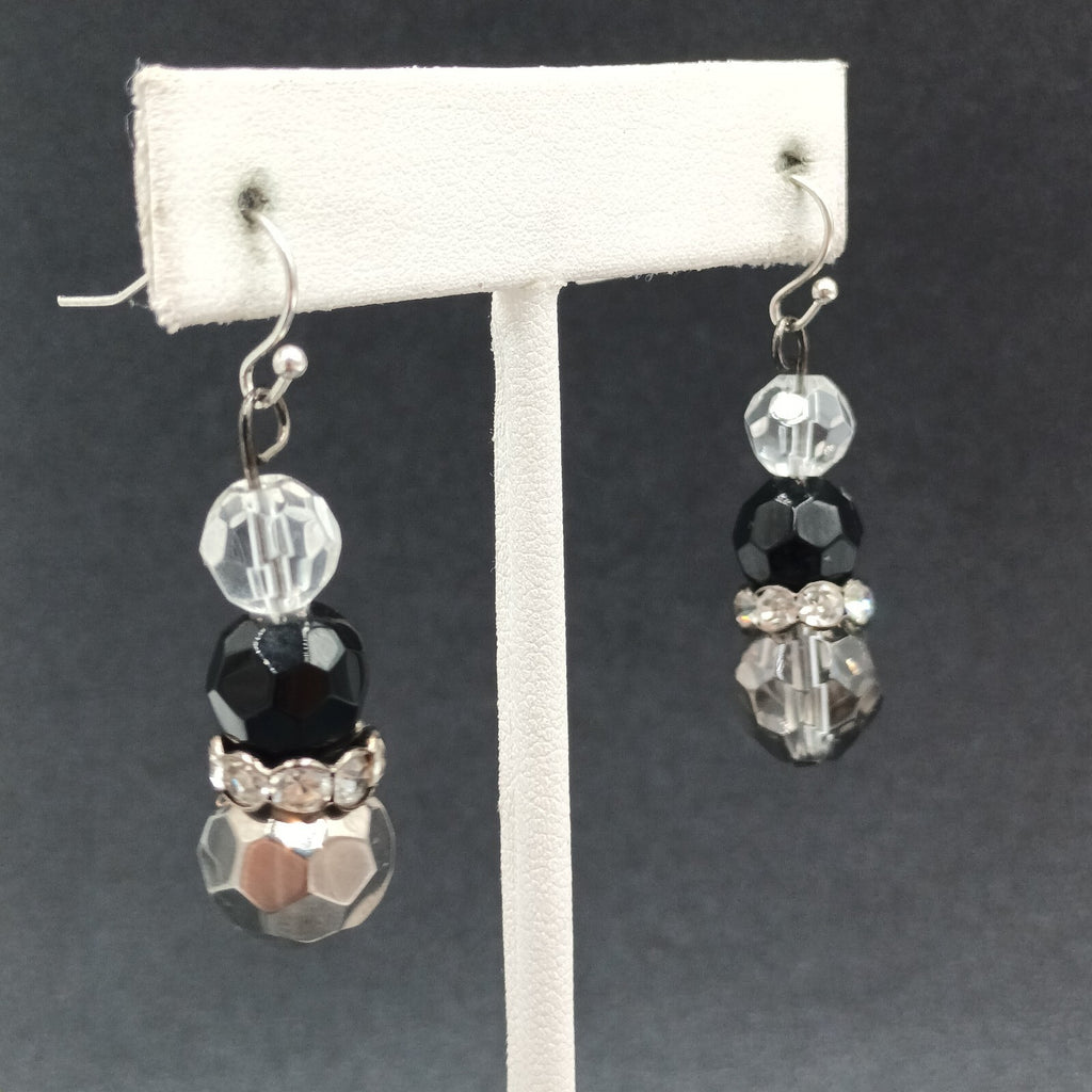 Pierced Earrings Faceted Glass Beaded Silver tone Rhinestone Dangle 1 1/4"