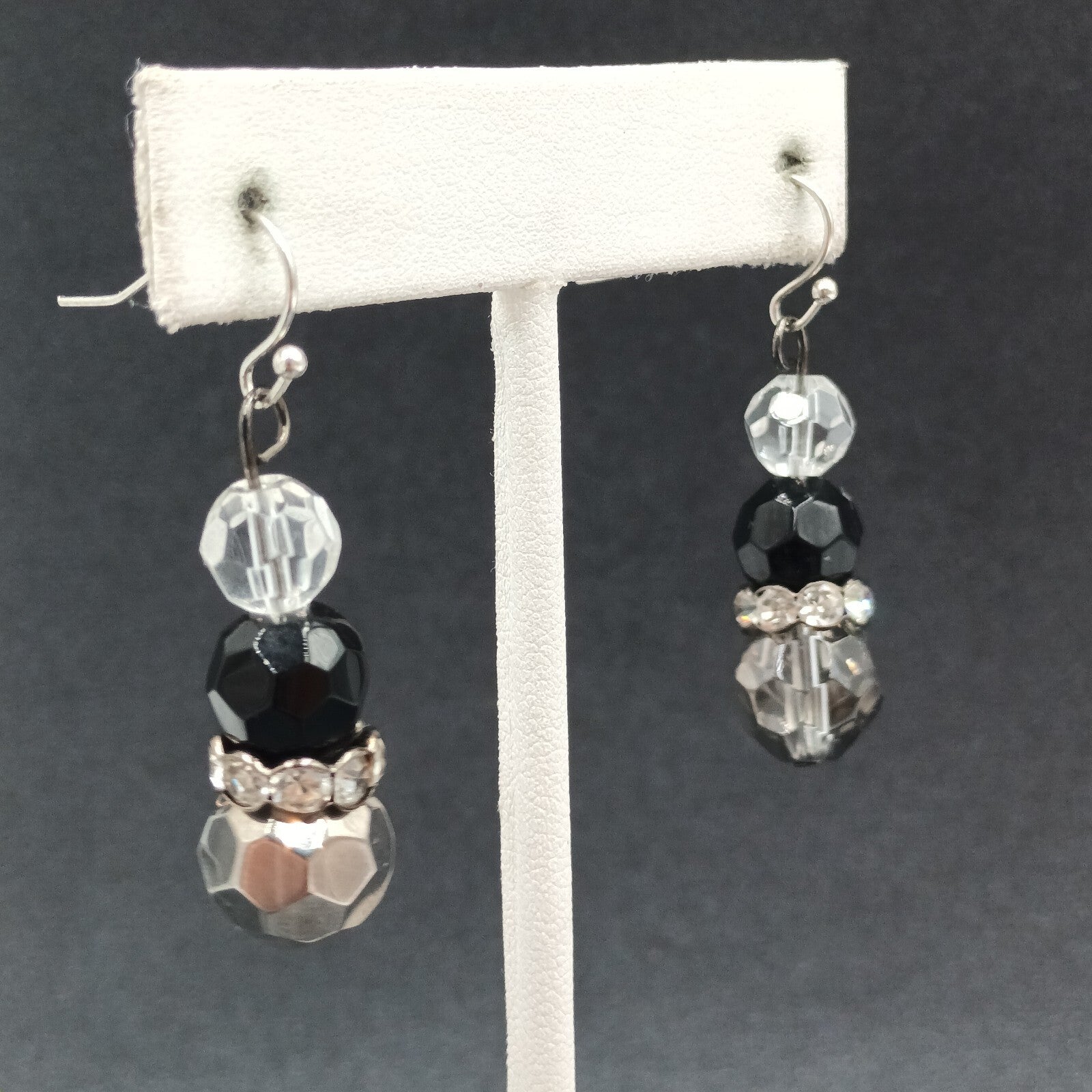 Pierced Earrings Faceted Glass Beaded Silver tone Rhinestone Dangle 1 1/4"