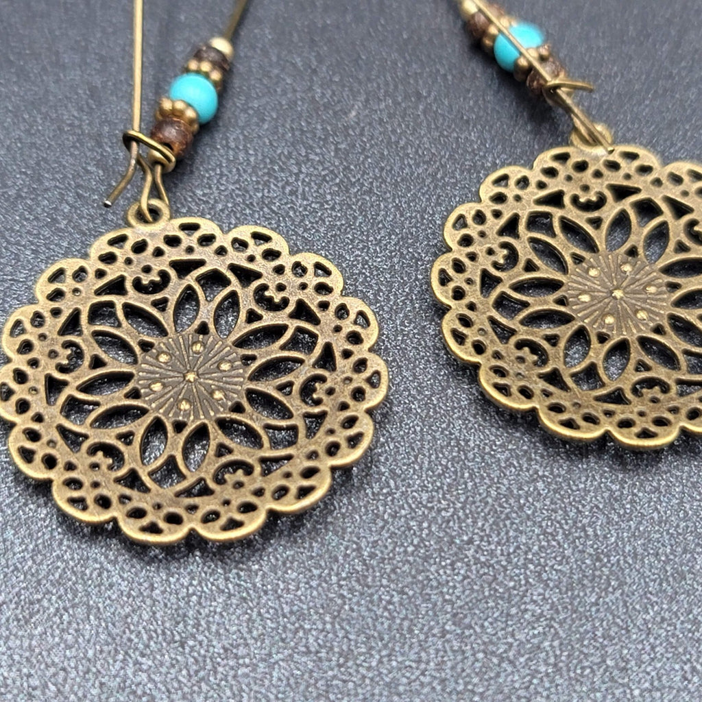 New Boho Pierced Earrings Antiqued Gold tone Blue Beas Enamel Mandala 2.75"
