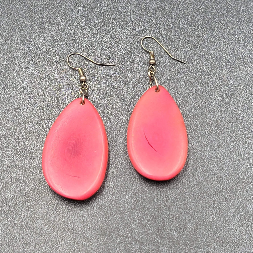 Pierced Earrings Red Dyed Tagua Nut Dangle Silver tone 1.75"