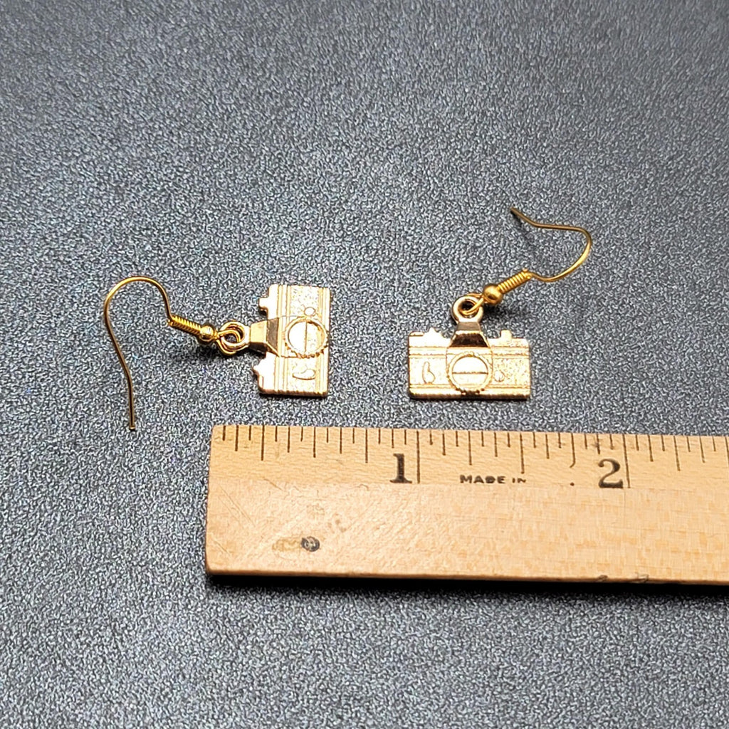 Retro Camera Pierced Earrings Gold tone Dangle 1/2"