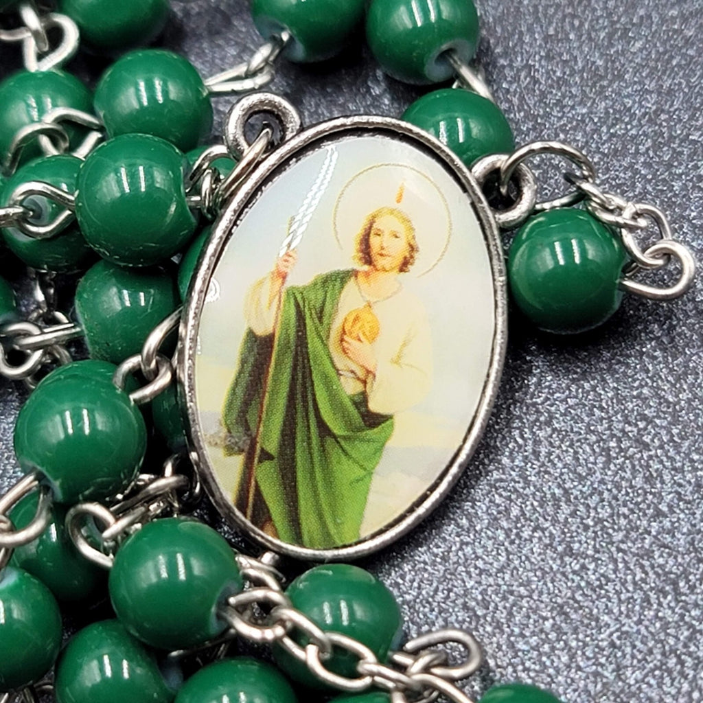 Saint Jude Rosary Silver tone Green Beads