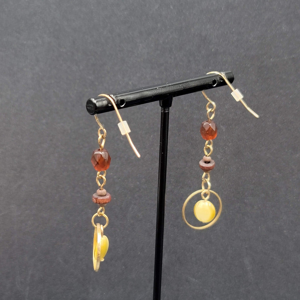 Pierced Earrings Gold tone Beaded Wood Dangle 1.75"