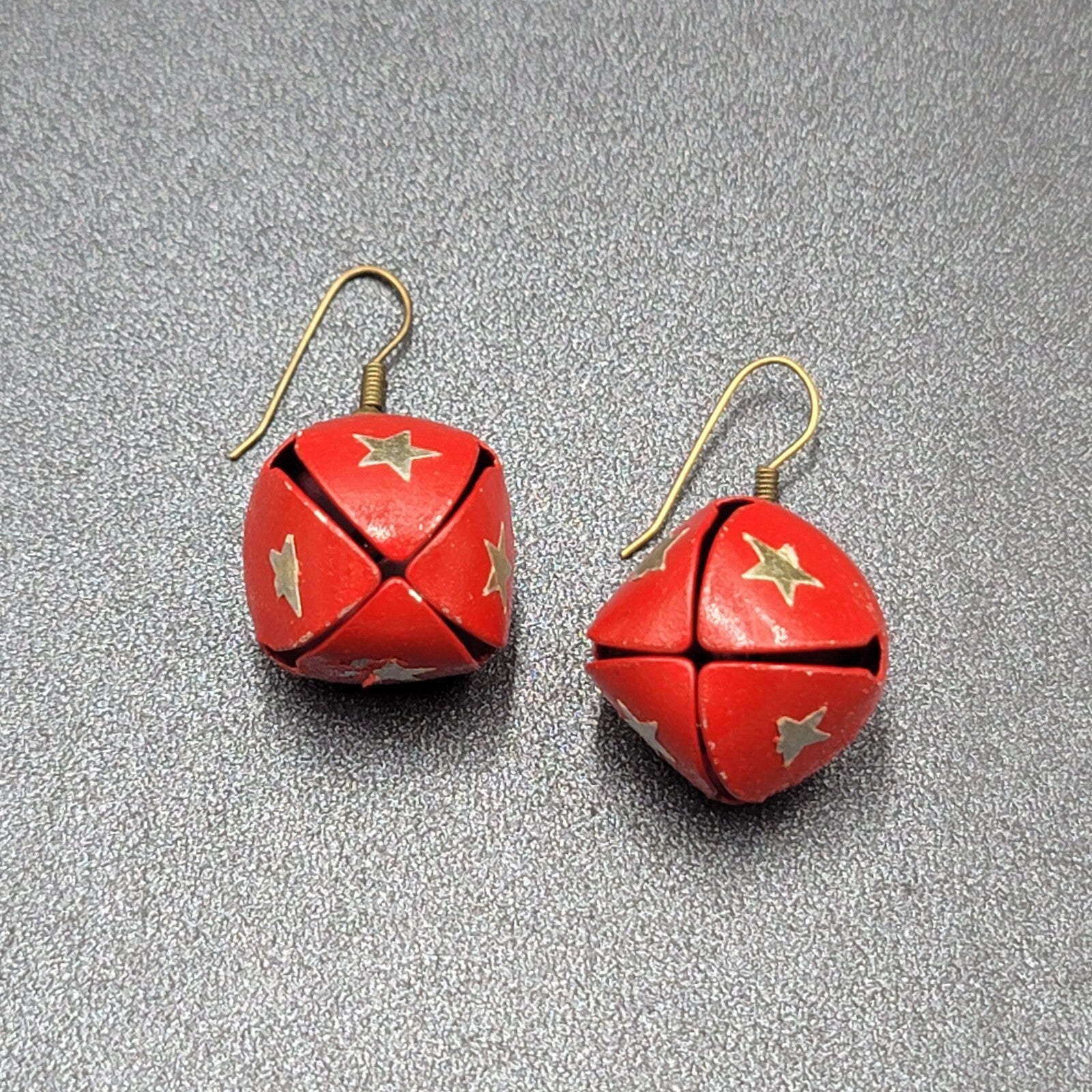 Christmas Pierced Earrings Gold Star Red Painted Jingle Bells 3/4"