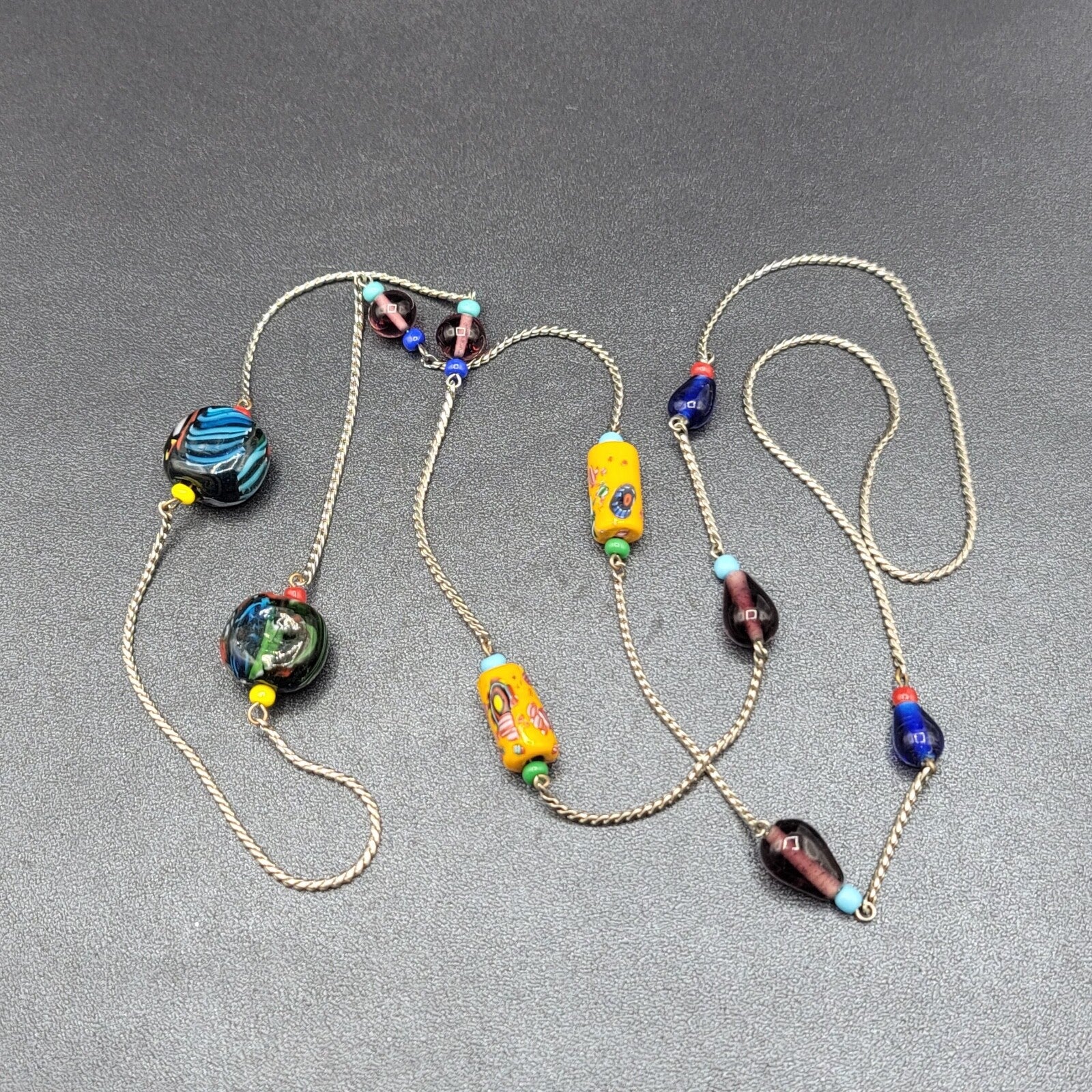 Art Glass Bead Necklace Silver tone Station Bead 44"