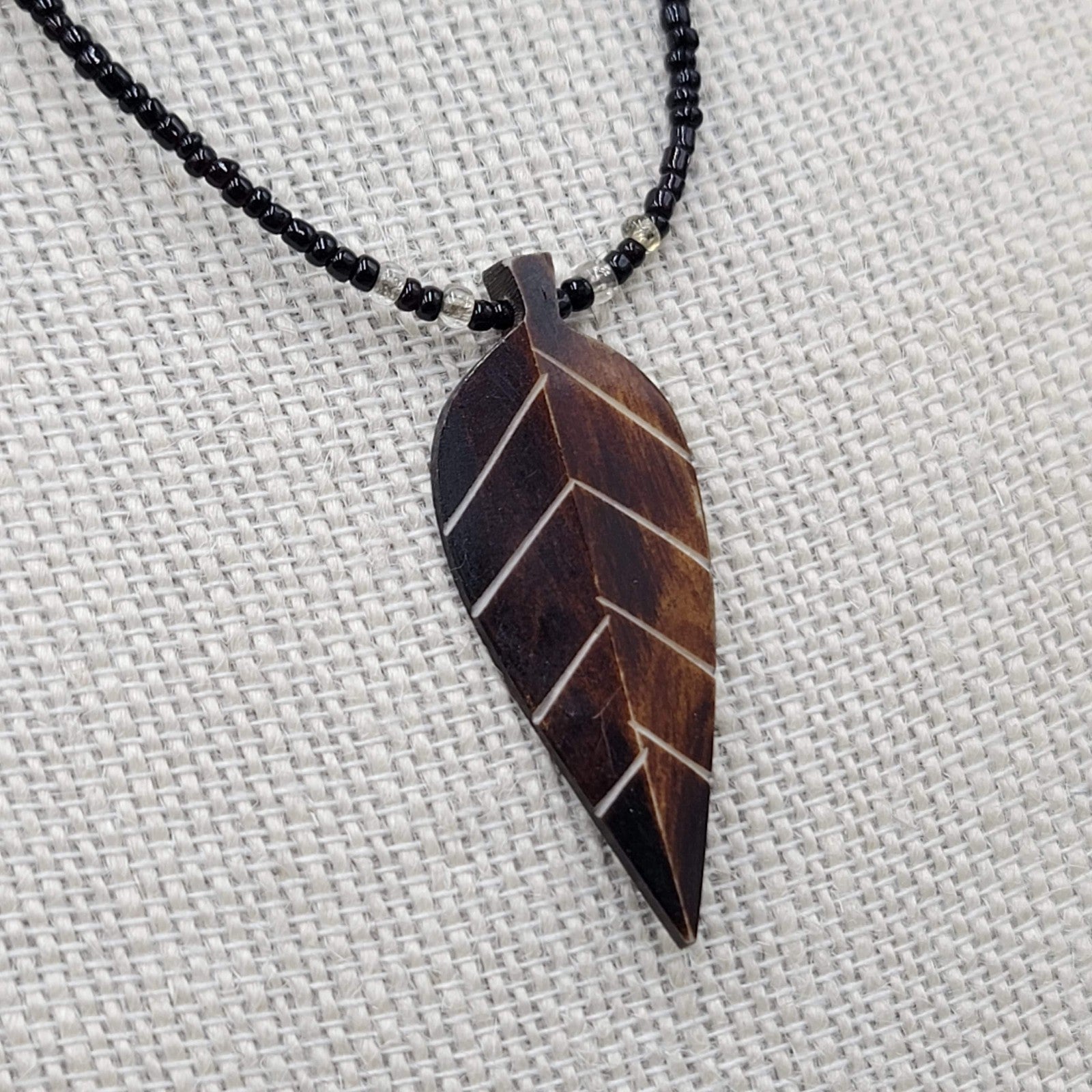 Hand Carved Leaf Pendant Necklace Black Seed Bead 16"