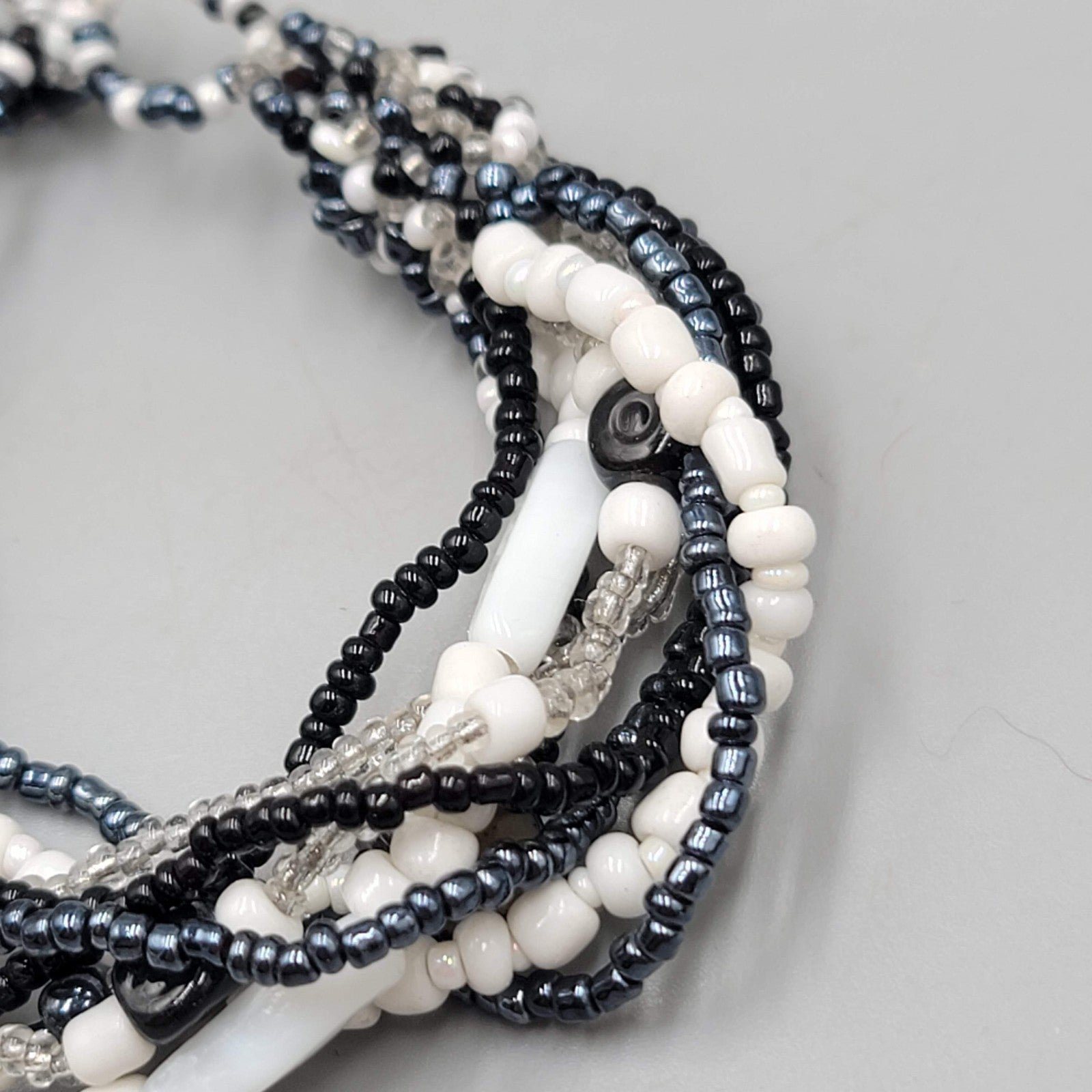 Black White Seed Bracelet Shell Multi Strand 7 in