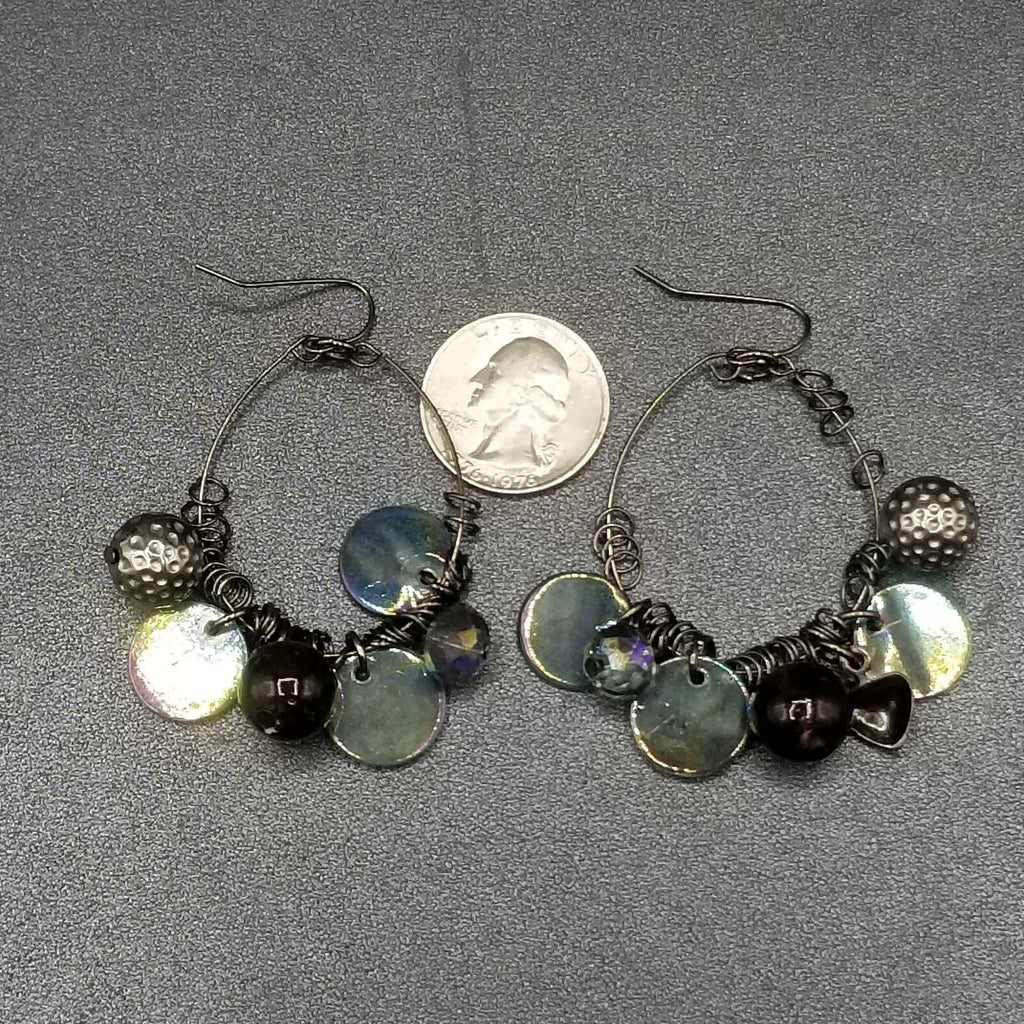 Pierced Earrings Black Wire Loop Acrylic Metal Charm Dangle 2 1/4"