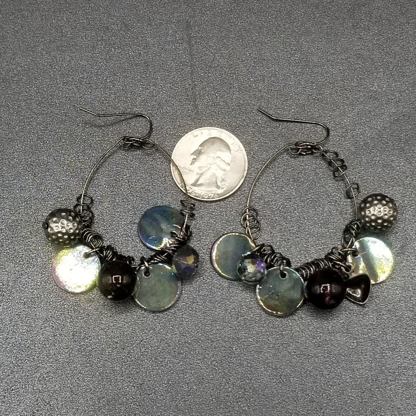 Pierced Earrings Black Wire Loop Acrylic Metal Charm Dangle 2 1/4"
