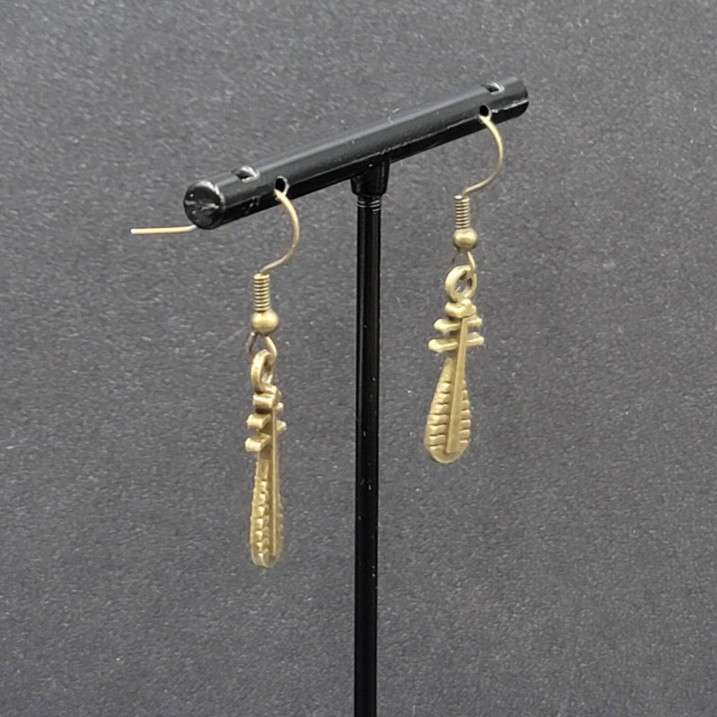 Lute Pierced Earrings Bronze tone Embossed Dangle New 1"