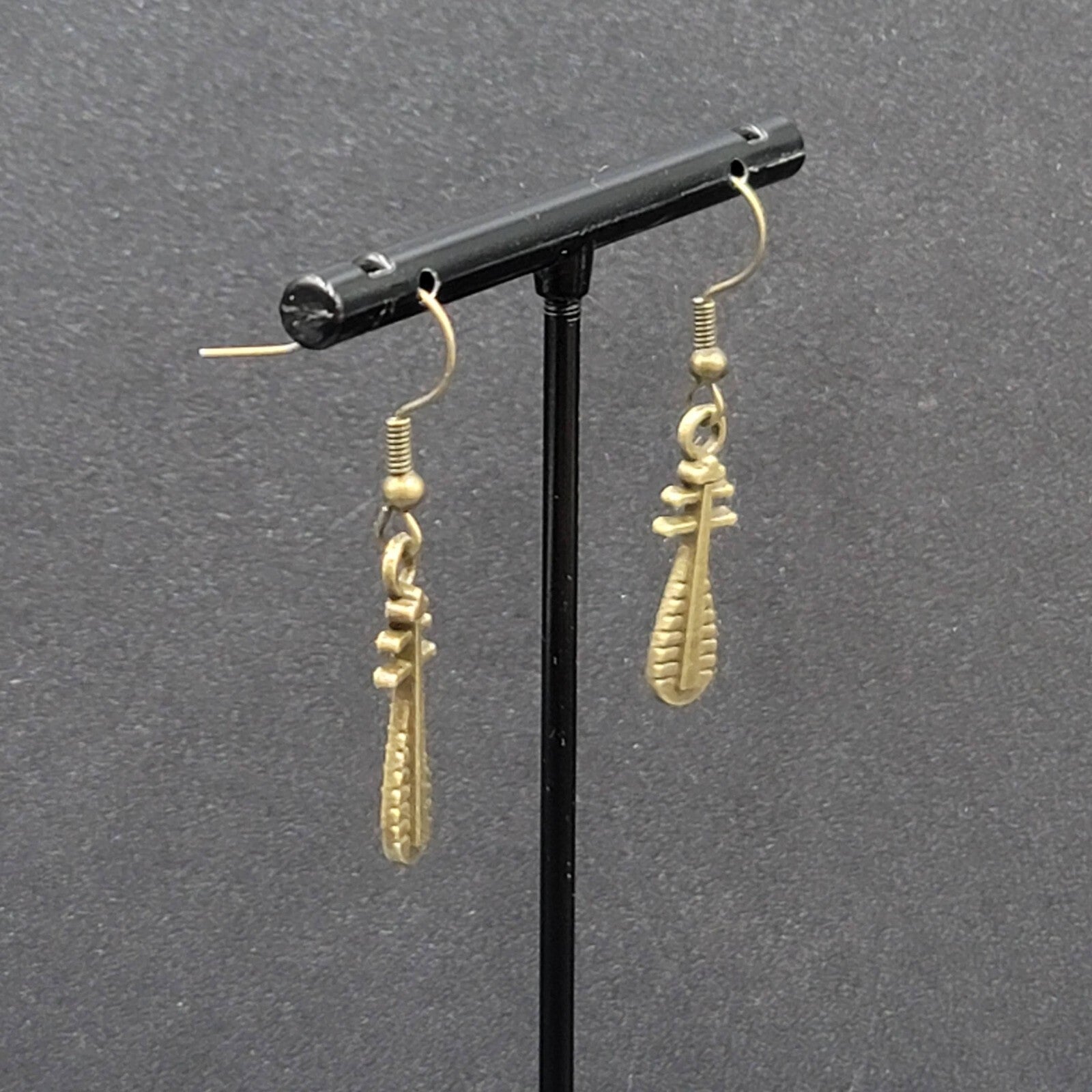 Lute Pierced Earrings Bronze tone Embossed Dangle New 1"
