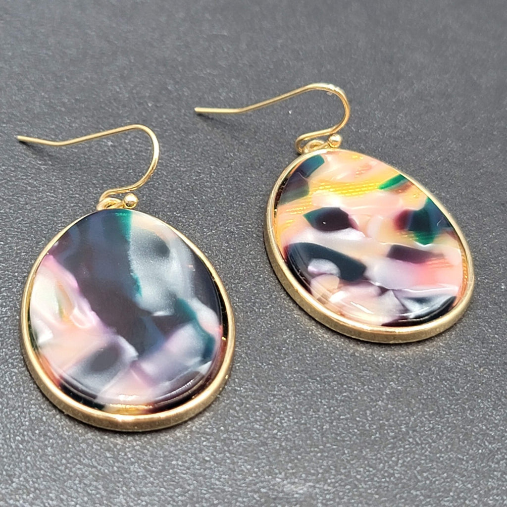 Pierced Earrings Gold tone Confetti Acrylic Teardrop Dangle 1.25"