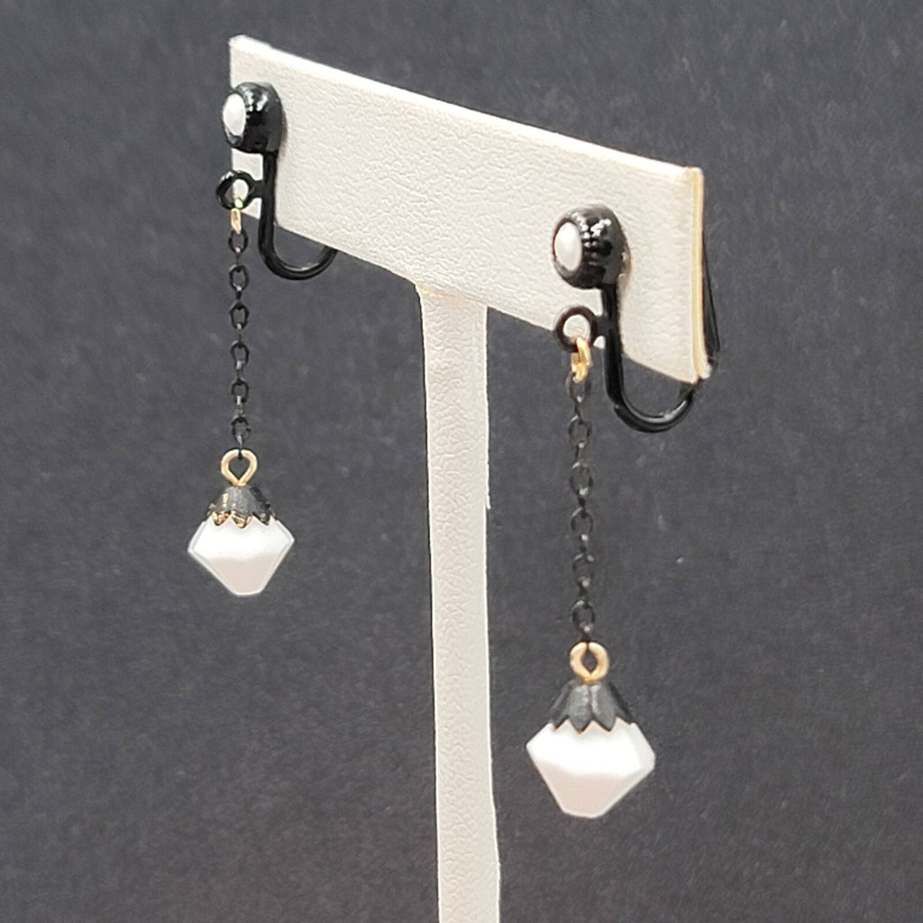 Vintage Clip on Earrings Black Enamel Metal Dangle Chain White Bead 1 5/8"