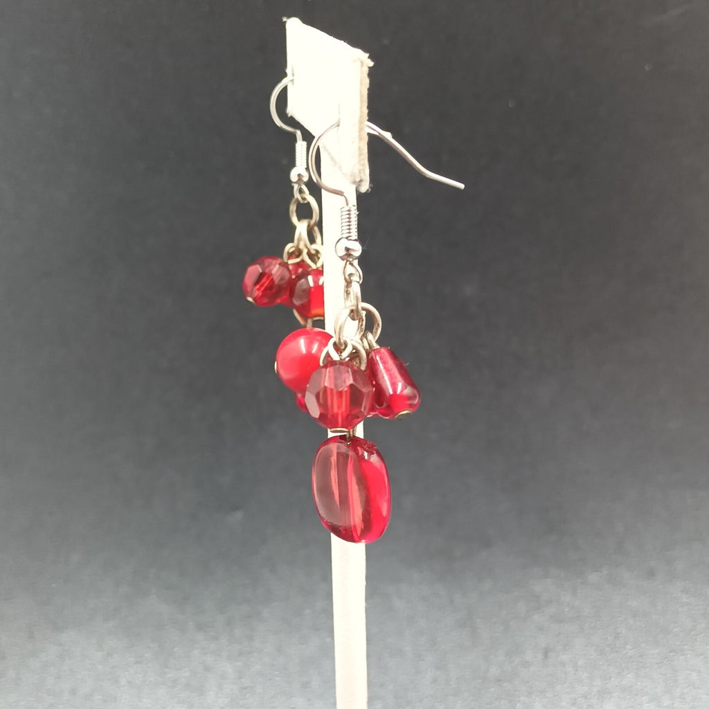 Pierced Earrings Red Acrylic Bead Cluster Silver tone Hook Dangle 1 3/8"