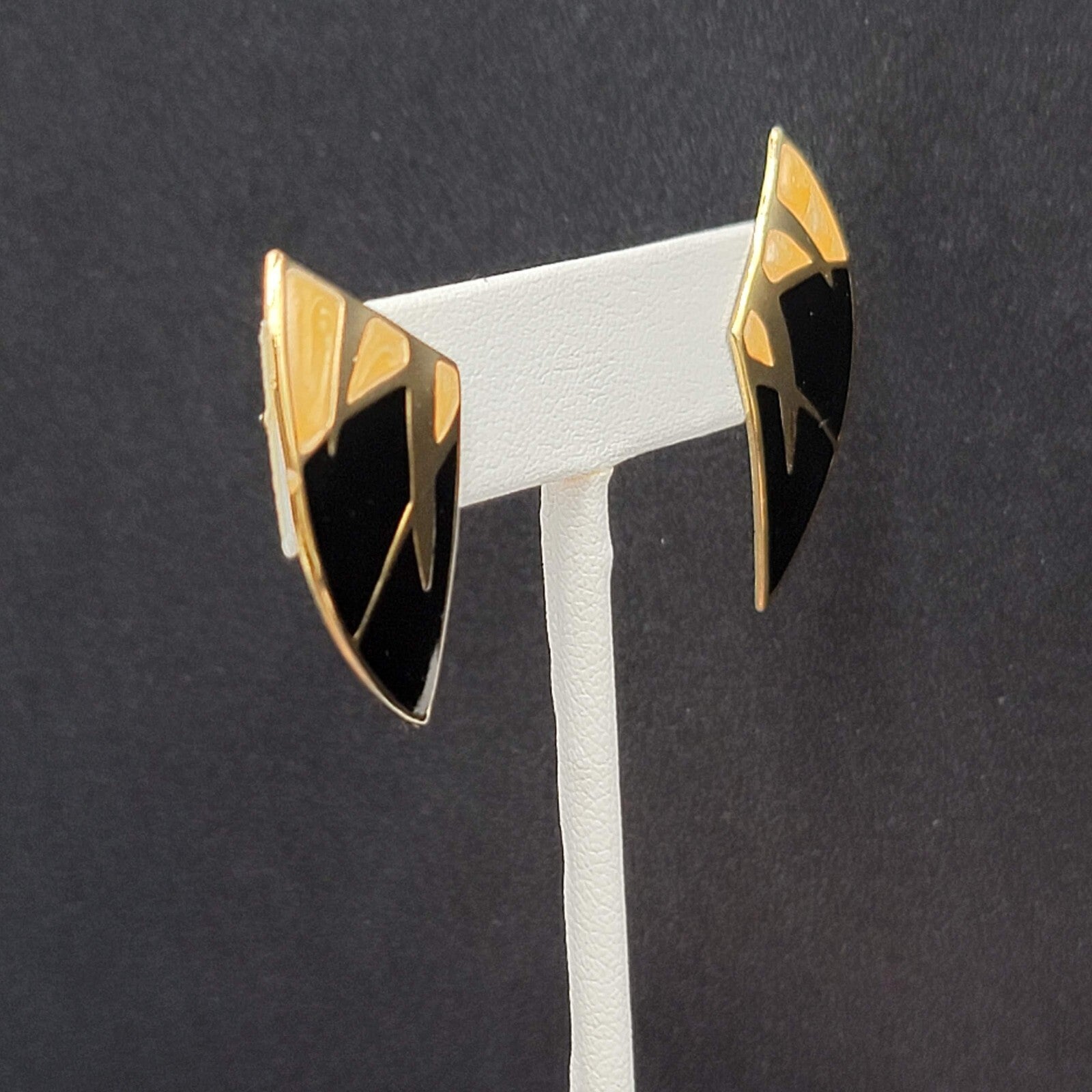 Vintage Pierced Earrings Goldtone Black Beige Enamel Statement Drop 1 3/8"