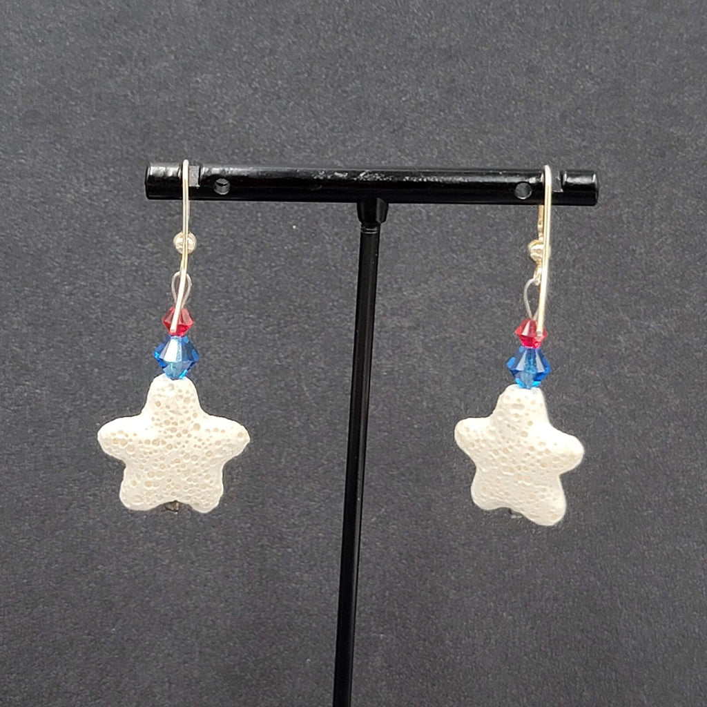 Pierced Earrings Silver tone Crystal Bead Starfish Dangle 1.5"