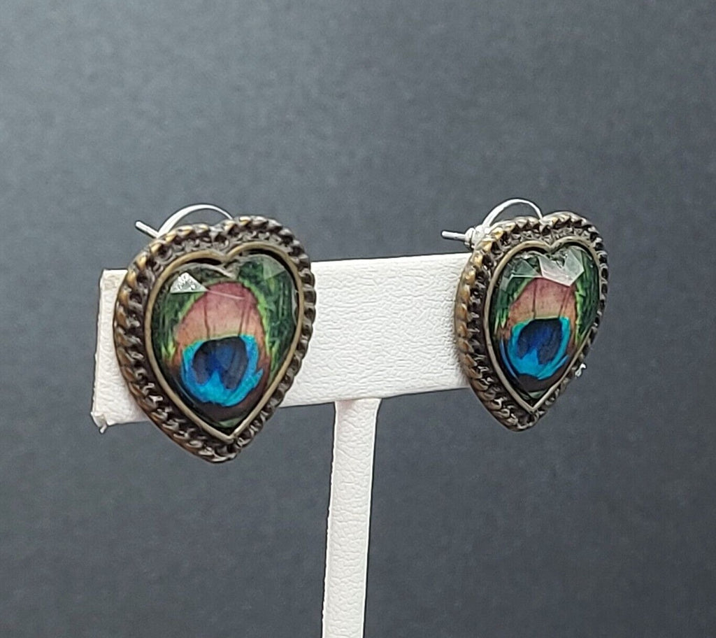 Pierced Earrings Acrylic Peacock Design Heart Studs 7/8"