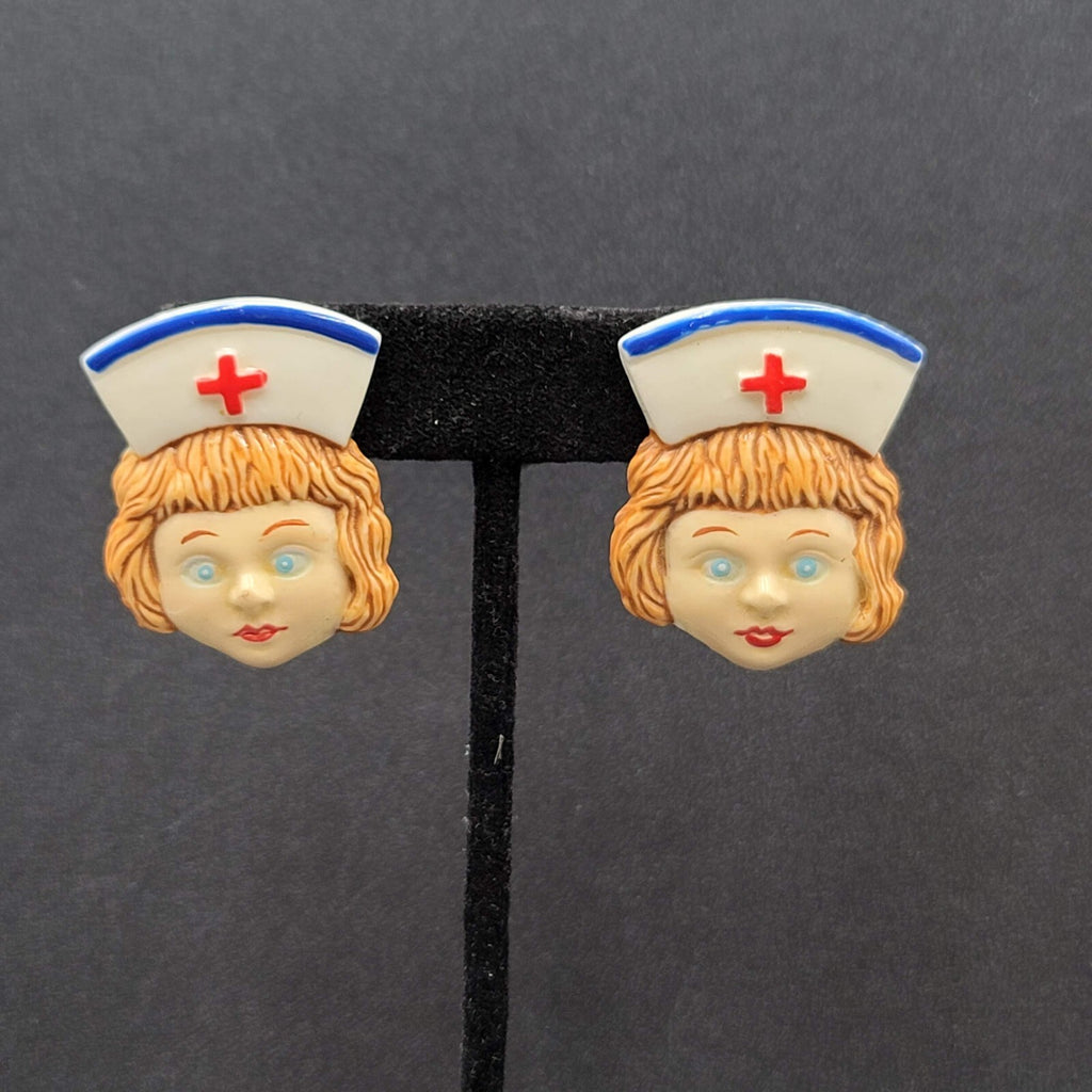Vintage Pierced Earrings Acrylic Nurse Face Medical Fun Gift 1 3/8"